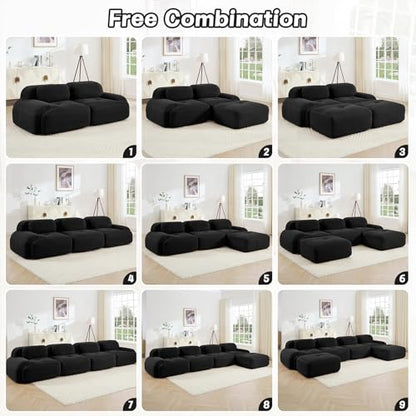 116" Modern Corduroy Cloud Sofa with Ottoman, L Shaped Boneless Modular Large Sectional Couches for Living Room, Black 3 Seater Compressed Memory Foam Couch, Extra Deep Seat, No Assembly