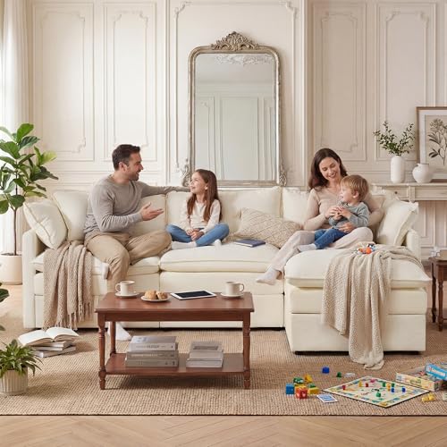 Modular Sectional Sofa with Storage Ottomans,102" L-Shaped Cloud Couch,Comfy Modern Couches with Pillows & Upholstered Deep Seat Cushion for Apartment Living Room Bedroom（Beige）