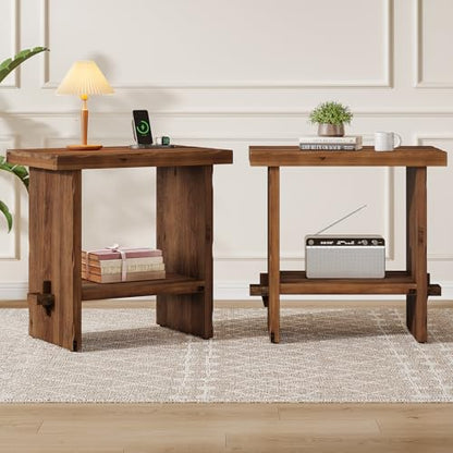 Solid Wood Nightstand with Storage, Farmhouse Bedside Table for Bedroom, Rectangle Night Stand with Wooden Base, Wooden Side End Table for Bedroom, Accent Furniture (2, Brown)