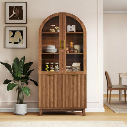 71" Tall Arched Cabinet with Glass Doors, Fluted Kitchen Pantry Cabinet, view 7