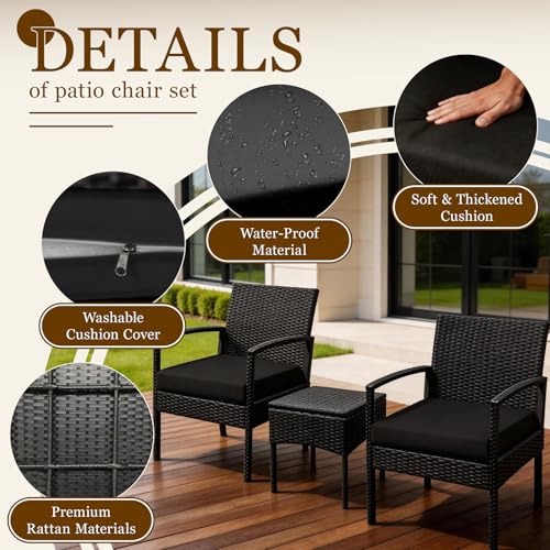 3 PCS Patio Rattan Conversation Bistro Chairs Set, Outdoor Patio Furniture Wicker Bistro Set with Coffee Table for Garden Porch Balcony Yard Lawn, Black