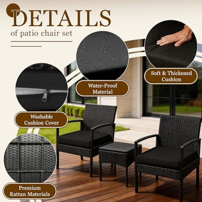 3 PCS Patio Rattan Conversation Bistro Chairs Set, Outdoor Patio Furniture Wicker Bistro Set with Coffee Table for Garden Porch Balcony Yard Lawn, Black