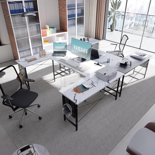 71 Inch Large Computer Desk with Power Outlets,U Shaped Corner Desk for Home Office Work and Gaming Marble