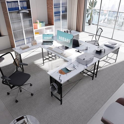 71 Inch Large Computer Desk with Power Outlets,U Shaped Corner Desk for Home Office Work and Gaming Marble