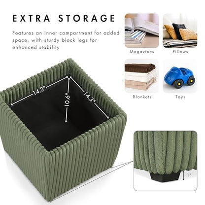 Lennox Modern Chenille 17-inch Square Storage Ottoman with Reversible Tray Top, Upholstered Footstool for Living Room, Bedroom, Entryway, Green