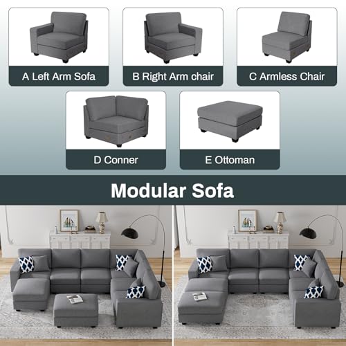 Oversized Modular Sectional Sofa,U/L‑Shaped Reversible Couch with Ottoman,Deep Seat Plush Polyester Sofa for Living Room,8‑Seater,Dark Grey