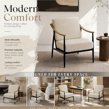 Modern Accent Chairs Set of 2 for Living Room Bedroom Mid Century Arm Chairs Upholstered Office Accent Chairs Comfy Waiting Room Chairs with Metal Frame, Beige