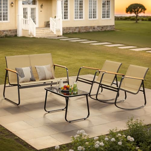 Outdoor Patio Furniture Set 4 Pieces, Conversation Textilene Fabric Chairs with Coffee Table Rocking Chairs Bistro Set for Backyard, Poolside, Porch (Brown)