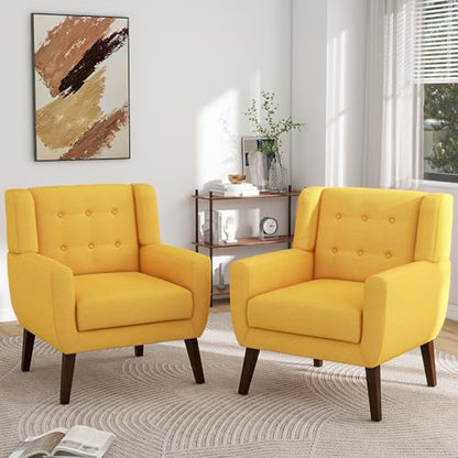 Accent Chair Mid Century Modern Armchair,Comfy Single Sofa for Living Room,Button Tufted Armrest Reading Seat Bedroom Side Sitting for Home Office,Recliner Chair, Home Theater Seating,Yellow