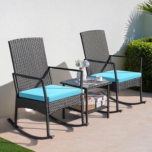3 Pieces Patio Furniture Set Outdoor Wicker Rocking Chairs with Glass Coffee Table for Garden Backyard Porch Poolside, Blue