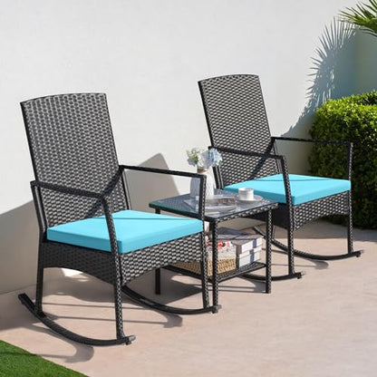 3 Pieces Patio Furniture Set Outdoor Wicker Rocking Chairs with Glass Coffee Table for Garden Backyard Porch Poolside, Blue