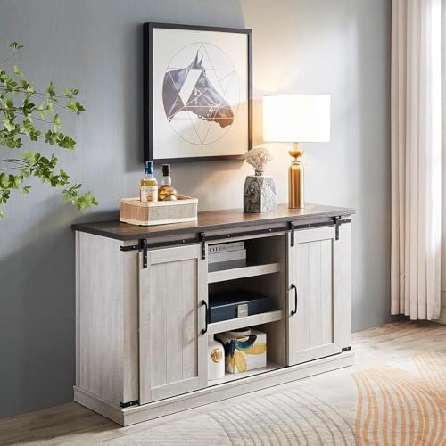 Modern Farmhouse Wood TV Stand for TVs up to 65 Inch, Home Living Room Storage Table TV Stands Cabinet Doors and Shelves Entertainment Center, Stone Grey
