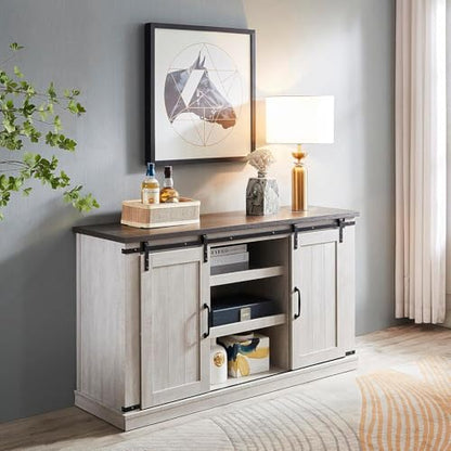 Modern Farmhouse Wood TV Stand for TVs up to 65 Inch, Home Living Room Storage Table TV Stands Cabinet Doors and Shelves Entertainment Center, Stone Grey