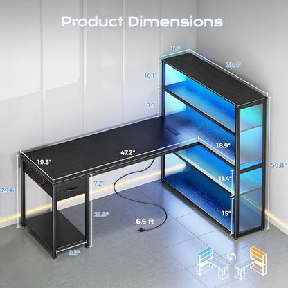 57 Inch L Shaped Gaming Computer Desk with Larger Open Cabinet, Reverisble Office Desk with Power Outlets, LED Lights, Work Desk, Fabric Drawer, Adjustable Wood and Mesh Shelf, Black