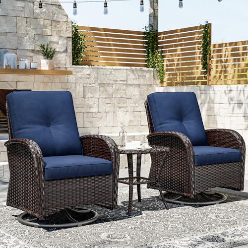 Outdoor Swivel Rocker Chairs, 3 Piece Wicker Patio Set with Thickened Cushions, High Back, Deep Seating, Wide Armrest, Outdoor Swivel Chairs for Porch, Deck
