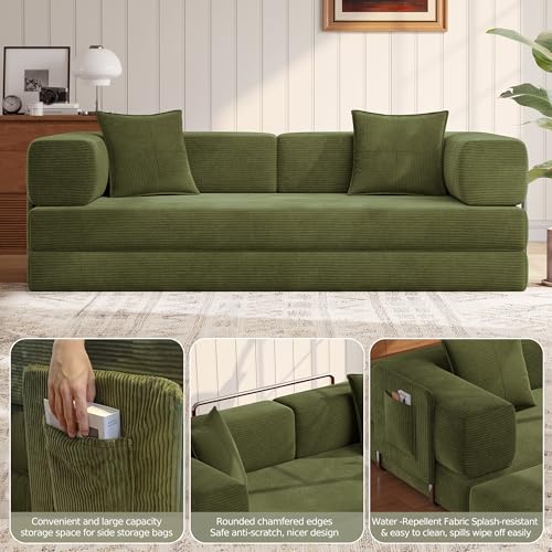 78.8''Sleeper Couch Bed for Livingroom,Convertible Modular Sofa with Armrest Pillow,Modular Foldable Corduroy Couches in a Box,No Assembly (Green)