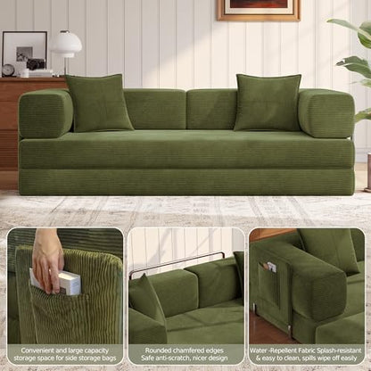 78.8''Sleeper Couch Bed for Livingroom,Convertible Modular Sofa with Armrest Pillow,Modular Foldable Corduroy Couches in a Box,No Assembly (Green)