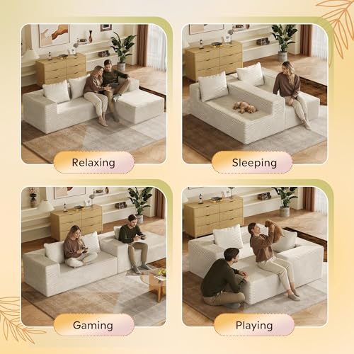 104'' Cloud Sectional Couches for Living Room, Modular Boneless Couch with Left Facing Chaise, L Shape Memory Foam Corduroy, with Cushion, Beige