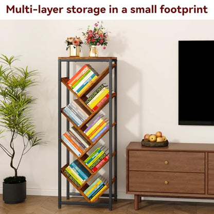 9 Tier Tree Bookshelf with Top Shelf,Brown TBC002H | Floor Standing Bookshelf for Narrow Space Storage Organizer Bookcase Display Rack Corner Bookcase for Bedroom Living Room