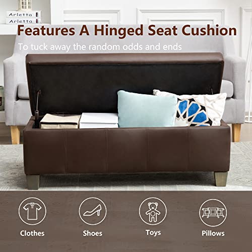 41" Storage Ottoman, Storage Bench with Safety Hinge, Upholstered Synthetic Leather Ottoman Bench for Bedroom, Living Room, Entryway, Hallway, Foot Rest, Support 500lbs, Brown