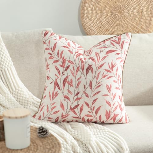 Home Decorative Throw Pillow Covers, 20 x 20 Inch Farmhouse Pink Leaves Pattern Throw Pillowcases with Piping Edge, Square Cushion Covers for Living Room, 1 Piece