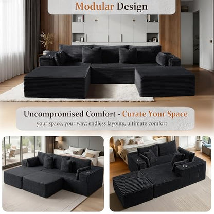 108" Oversized Cloud Sectional Couch, Comfort U Shaped Boneless Couch for Living Room, Extra Deep Seats No Assembly, Modular Sofa, Corduroy (Black, 2 Seater + Left Facing Chaise + Ottoman)