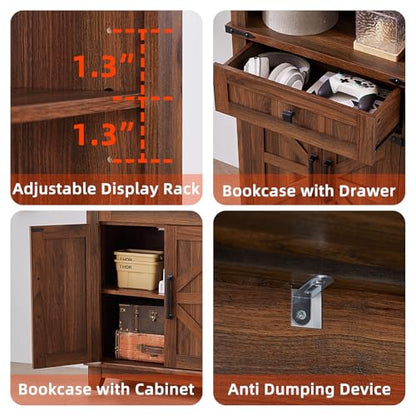 72in Tall Bookshelf 7 Tier Bookcase with Drawer and Barn Doors and Adjustable Shelves, Brown Farmhouse Book Shelf with Storage Cabinet, Wood Freestanding Display Bookshelves for Kitchen