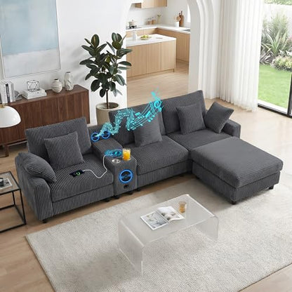 114" Corduroy Modular Sectional Couch with Built-in Speakers & USB Ports, Deep Seat L Shaped Couch with Storage Console, Cup Holders, Movable Ottoman, Cloud Comfy Gaming Sofa for Living Room (Gray)