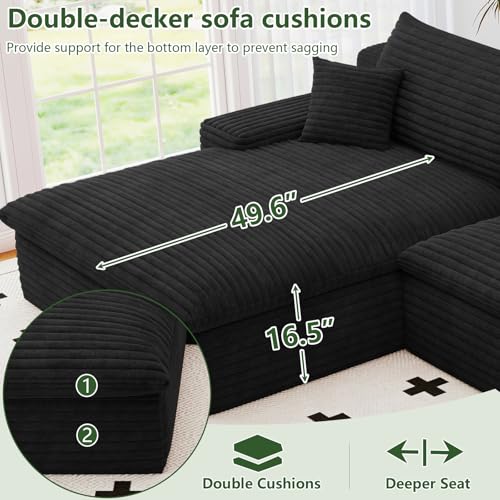 107" Cloud Couch Modular Sectional Sofa for Living Room, U-Shape Boneless Couch with Deep Seat, Modern Corduroy 3-Seater with Ottoman, No Assembly Required (Black,Left-Facing Chaise)