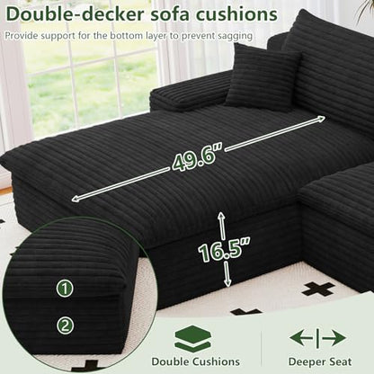 107" Cloud Couch Modular Sectional Sofa for Living Room, U-Shape Boneless Couch with Deep Seat, Modern Corduroy 3-Seater with Ottoman, No Assembly Required (Black,Left-Facing Chaise)