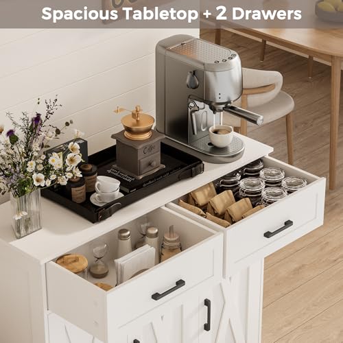 Sideboard Buffet Cabinet, Coffee Bar Storage Cabinet with Drawers and Doors, Farmhouse Kitchen Cabinet with Adjustable Shelves, for Kitchen, Dining Room, Living Room, White