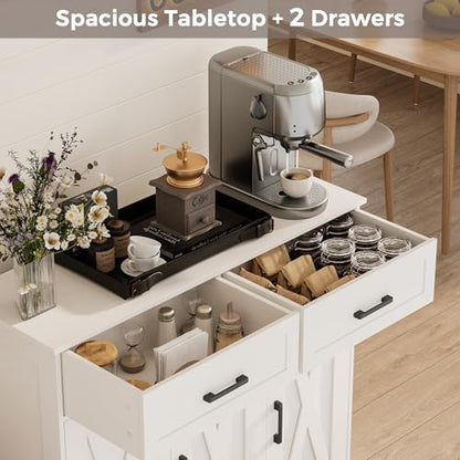 Sideboard Buffet Cabinet, Coffee Bar Storage Cabinet with Drawers and Doors, Farmhouse Kitchen Cabinet with Adjustable Shelves, for Kitchen, Dining Room, Living Room, White