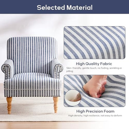Linen Fabric Accent Chair, Mid-Century Modern Armchair with Solid Wood Legs, Single Sofa Chair,Upholstered Reading Club Chair (1, Dark Blue and White Stripe)