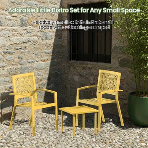 3 Piece Patio Bistro Set, Outdoor Steel Furniture Set, Stackable Modern Conversation Sets for Balcony Garden Deck Patio w/2 Chairs 1 Table, Yellow