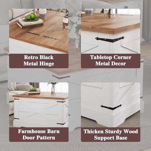 BestHaped Farmhouse Coffee Table with Hidden Storage, White Square Coffee Table for Living Room, Wood Large Center Table with Hinged Lift Top for Home, Office