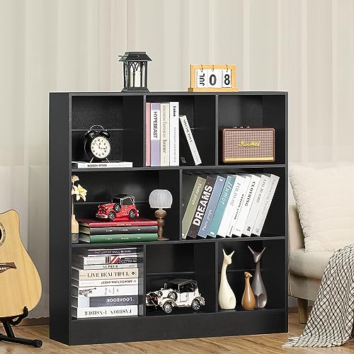 Black Wide Bookshelf,3 Tier Modern Horizontal Bookcase,Wood Low Bookshelves Display Storage Cabinet with Base,Floor Standing 8 Cube Large Bookcases Organizer for Bedroom,Living Room,Office
