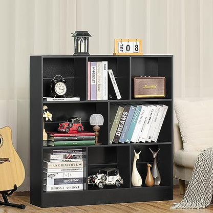 Black Wide Bookshelf,3 Tier Modern Horizontal Bookcase,Wood Low Bookshelves Display Storage Cabinet with Base,Floor Standing 8 Cube Large Bookcases Organizer for Bedroom,Living Room,Office