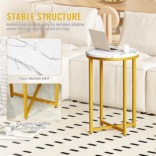 Modern Gold Side Table Set of 2, Small Coffee Table Round End Table with Gold Frame, Faux Marble Side Table Bedside Table for Living Room, Bedroom, Small Space, 16" D*24" H