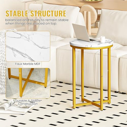 Modern Gold Side Table Set of 2, Small Coffee Table Round End Table with Gold Frame, Faux Marble Side Table Bedside Table for Living Room, Bedroom, Small Space, 16" D*24" H