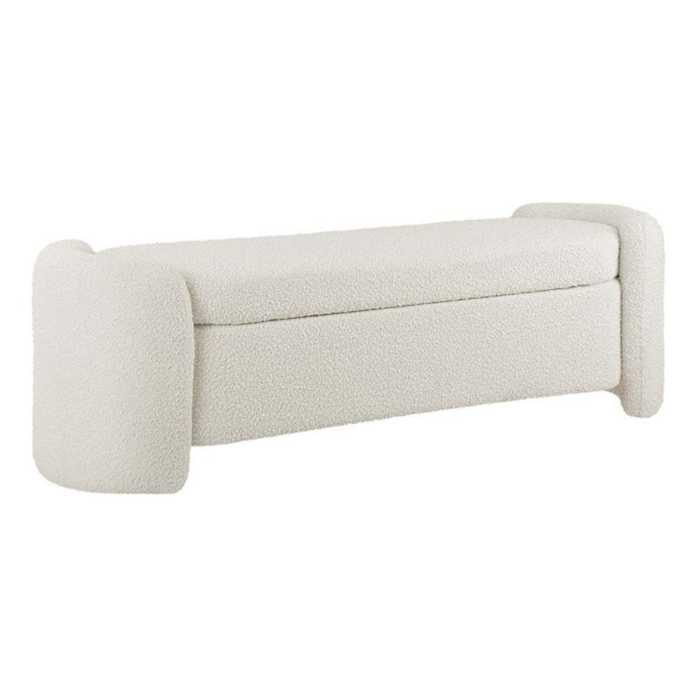 Contemporary Wood and Boucle Upholstered Bench, 19" H x 21.5" W x 62" D, Ivory Finish, Dense Foam Padding, Hinged Storage Seat, Accent Bench for Living Room, Entryway, Bedroom, or Office