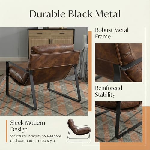 Mid-Century Accent Chair Armchair, Comfy PU Leather Leisure Chair Lazy Chair with Metal Leg for Living Room Bedroom Office Apartment, Brown