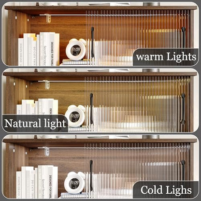 Sideboard Buffet Cabinet with LED Lights & Sliding Glass Doors, Modern Kitchen Storage Credenza Coffee Bar with Wood Grain & Adjustable Shelf for Living Room, Brown