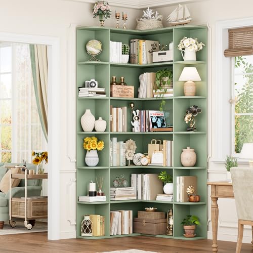 72” Tall Corner Bookshelf, 6-Tier Bookshelf and Bookcase with Open Storage, Tall Bookcases Wooden Storage Shelves for Home Office, Thickened Boards for Better Load Bearing, Green