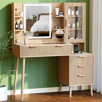 Fluted Makeup Vanity with Mirror and Lights, view 2