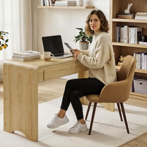 47" Computer Desk with 2 Drawers, Modern Wood Writing Desks, Oak, view 4