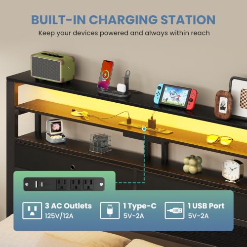 Full Bed Frame with Storage, LED Lights and Charging Station, view 5