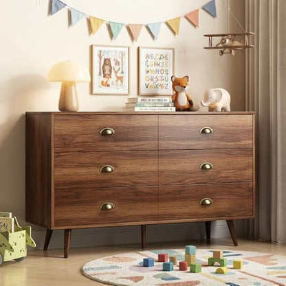 Walnut 6 Drawer Dresser for Bedroom, 47" Wood Dresser with Gold Handles., view 5