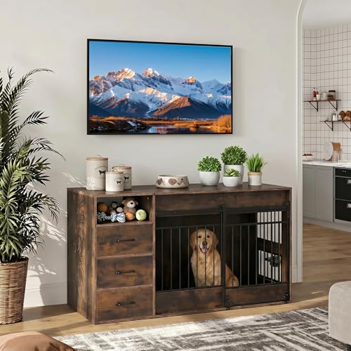59.8 Inch Large Dog Crate Furniture with 3 Storage Drawers, view 7