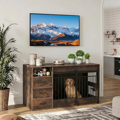 59.8 Inch Large Dog Crate Furniture with 3 Storage Drawers, view 7