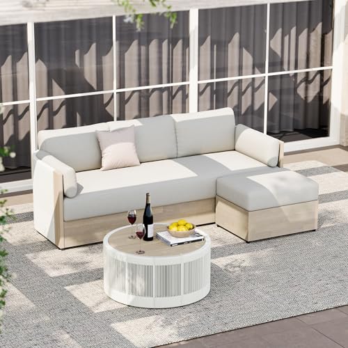 CHITA Outdoor Patio 3-Seater Sofa with Acacia Wood Frame, Fully Assembled | FSC Certified Acacia Wood Frame, 7.9in Thick High-Resilient Seat Cushion, 2 Arm Pillows, Modern Outdoor Patio Furniture